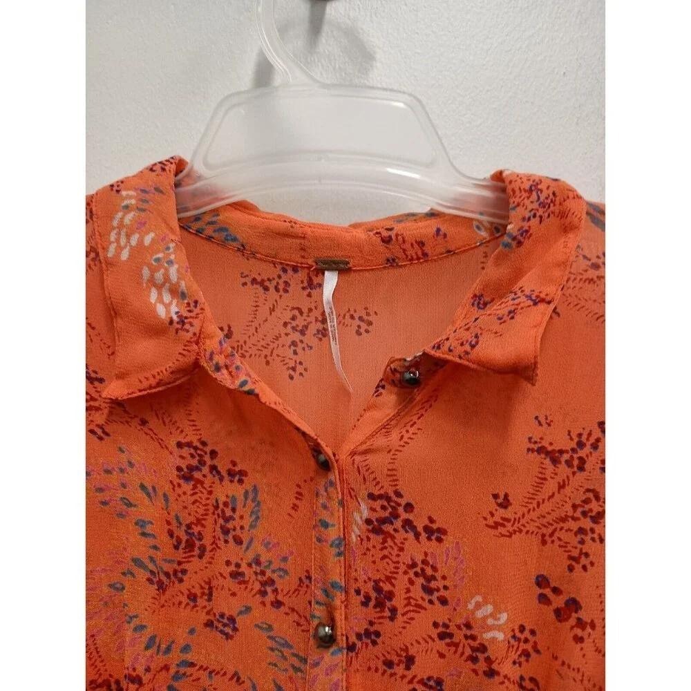 Free People Mini Dress Womens Small Orange Floral Boho Smocked Waist Long Sleeve - Picture 8 of 10